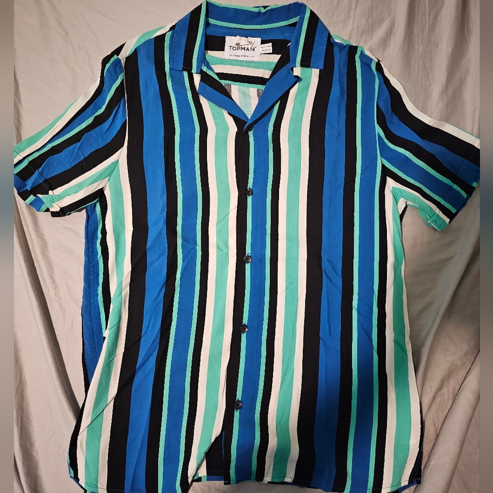 Topman Men's Short Sleeve Striped Casual Button-Up Shirt Blue Size Small